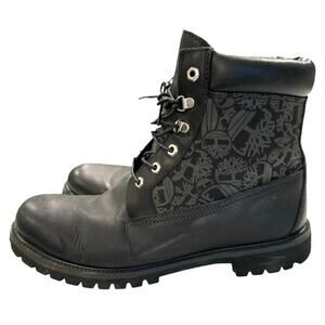 US 13W MEN'S BLACK TIMBERLAND PREMIUM LEATHER WATERPROOF BOOTS LOGO SIDE